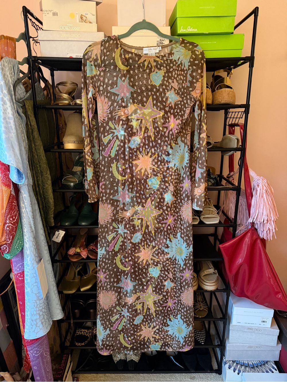Never Fully Dressed Brown Maxi Dress with Pastel Star, Pink & Blue Accents